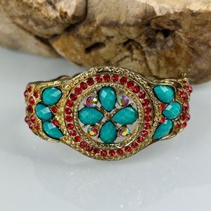 Turquoise Rhinestone Gold Toned Cuff Bracelet